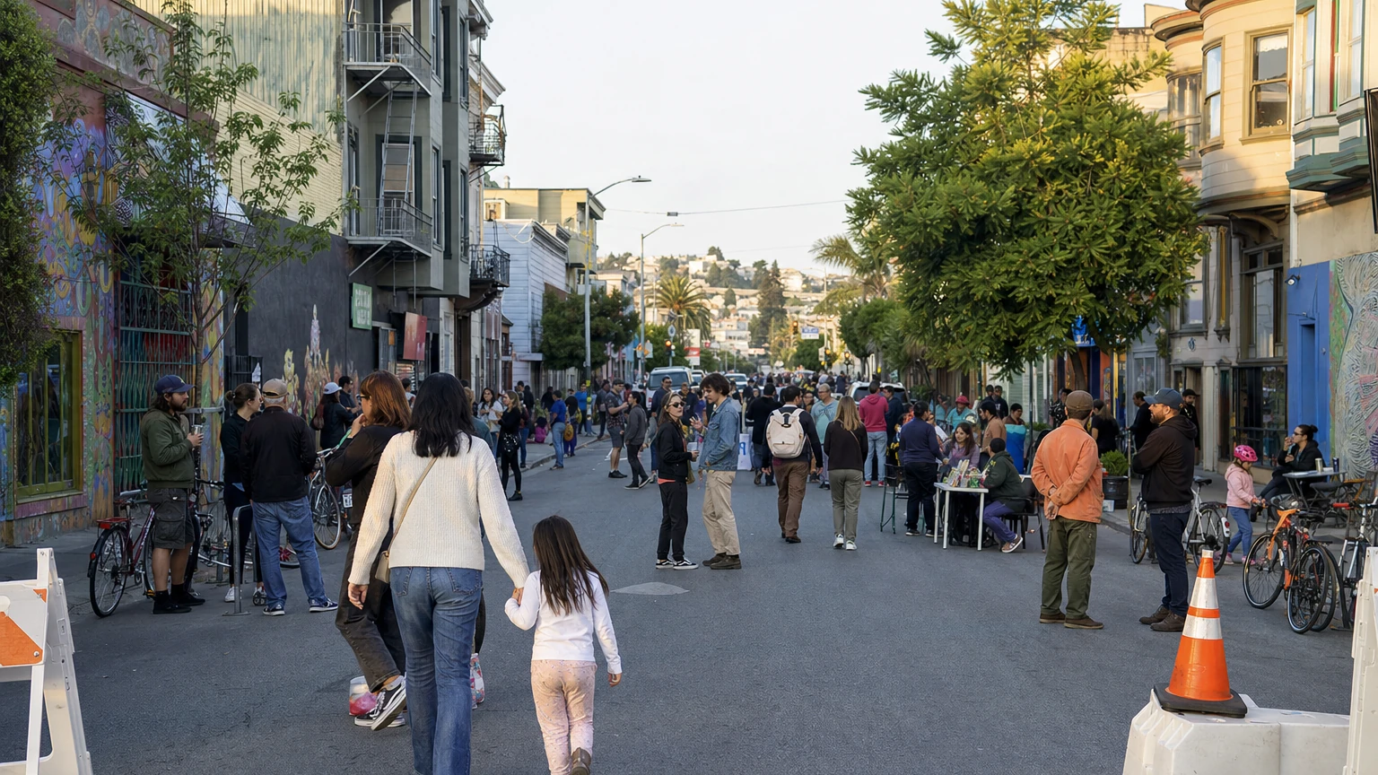 Representative illustration of a lively Valencia Street block party in San Francisco’s Mission District.