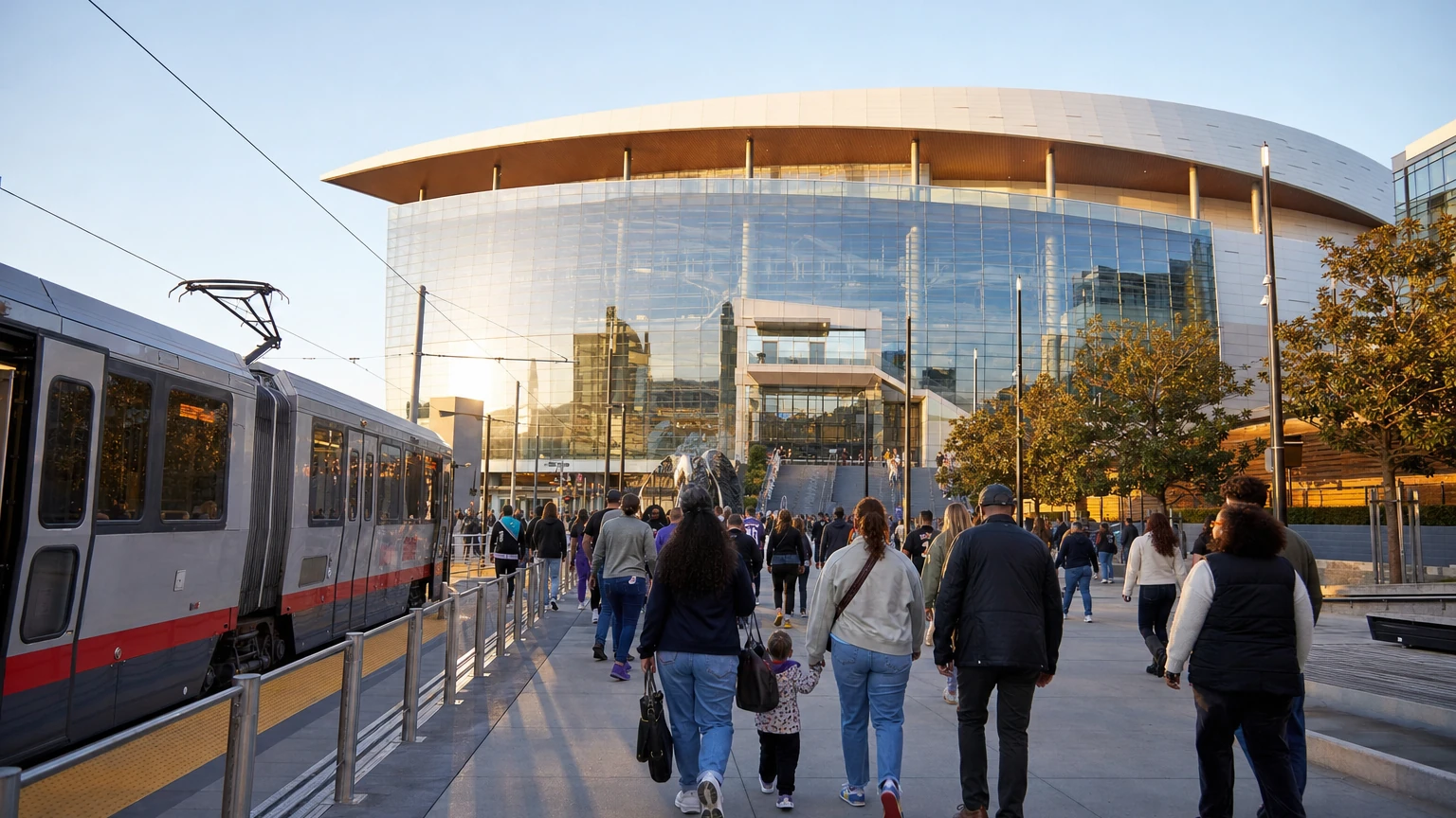 Representative editorial illustration of a women’s professional basketball crowd arriving at Chase Center in San Francisco.