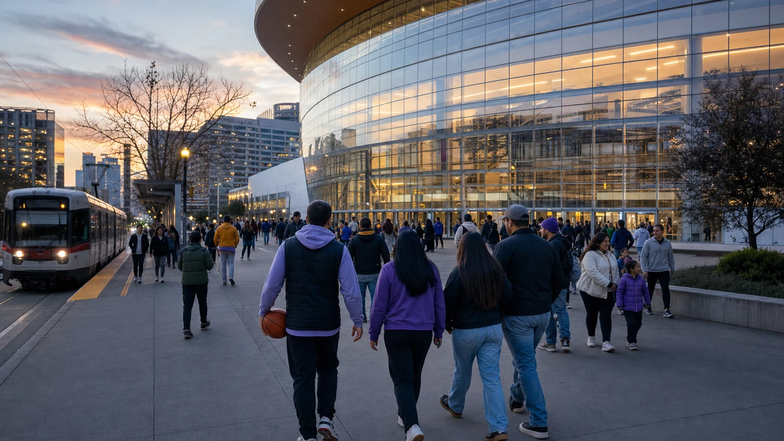Representative editorial illustration of a women’s professional basketball crowd arriving at Chase Center in San Francisco with Muni service nearby.