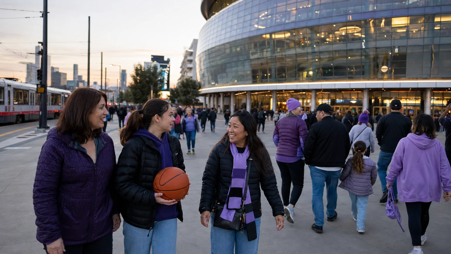 Representative editorial illustration of a Golden State Valkyries playoff crowd arriving at Chase Center in San Francisco.