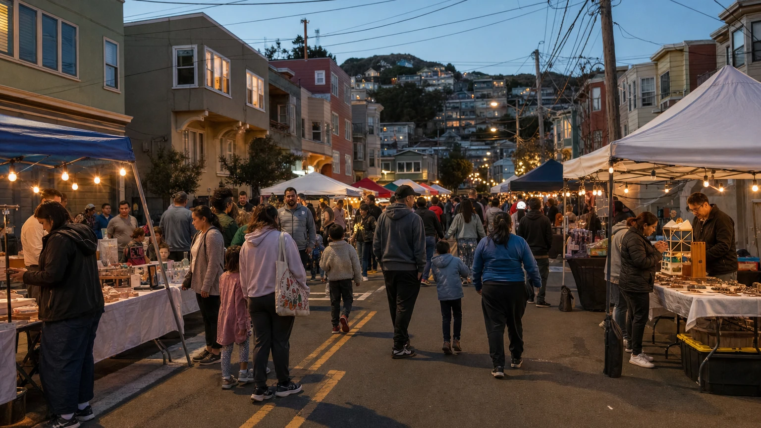 Representative editorial illustration of a neighborhood night market on Leland Avenue in Visitacion Valley with food stalls, families and evening street activity.