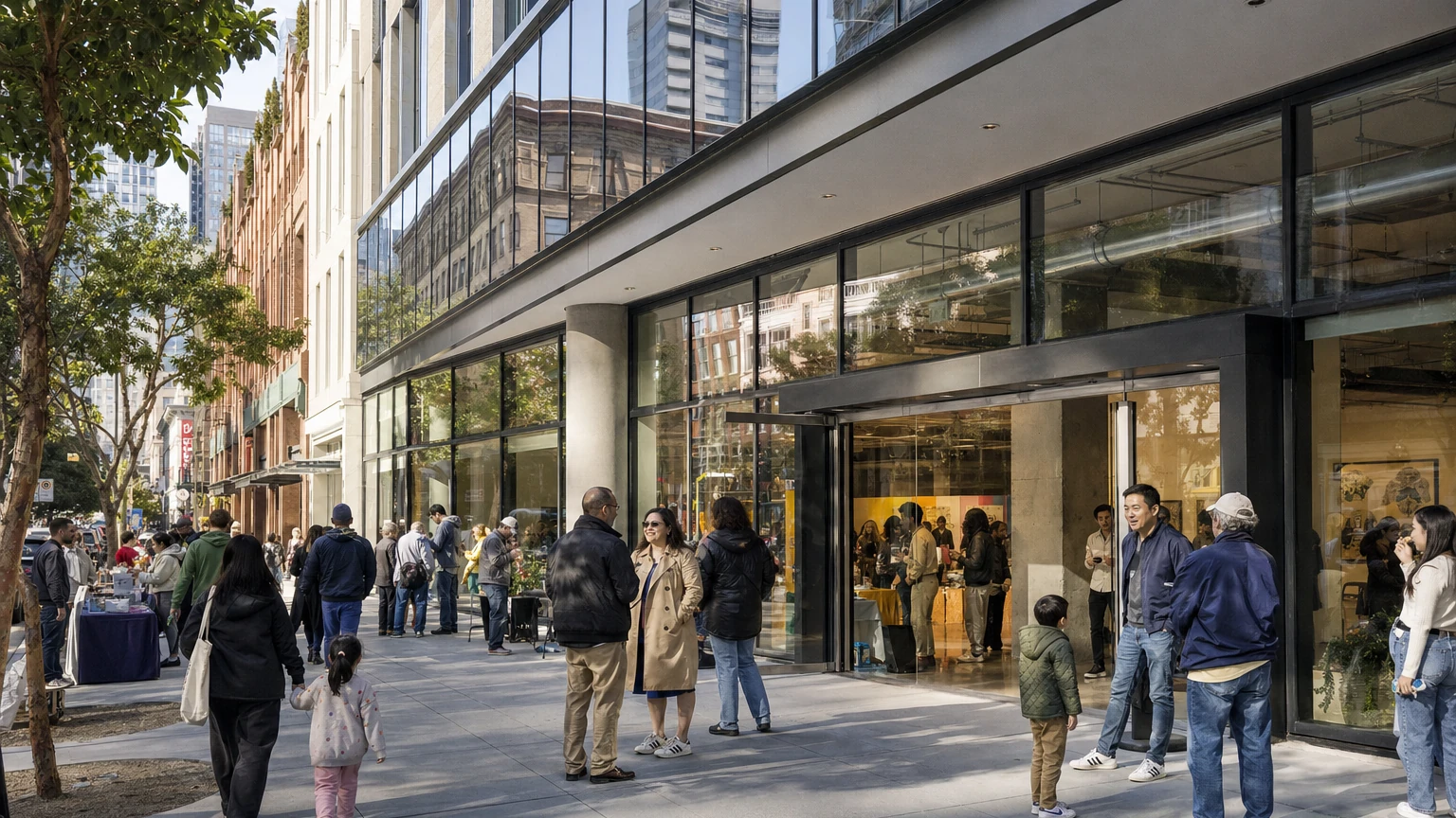 Representative editorial image of visitors arriving at a renovated Mid-Market arts and media building during a public grand opening.