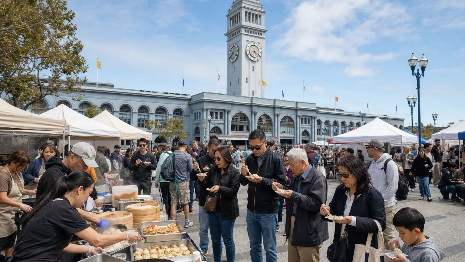 Representative editorial illustration of a busy outdoor dumpling festival beside the San Francisco Ferry Building with food stalls and families.
