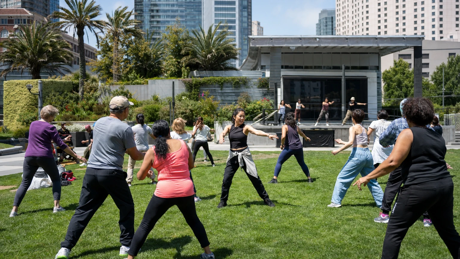 Representative editorial illustration of a free outdoor group dance class on a San Francisco lawn.